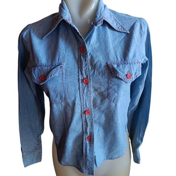 Women's XS Vintage Denim Shirt 1970's Button-Up Red Buttons Distress Boho Hippy - Picture 2 of 13
